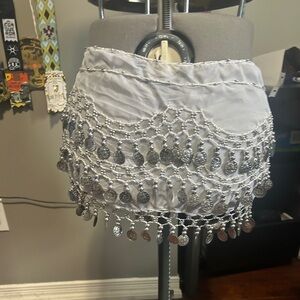 White Chiffon Belly Dance Hip Scarf with Silver Beads and Coins